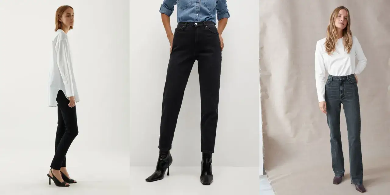 Trzy stylizacje z czarnymi jeansami. W środku modelka w szerokich spodniach dla niskiej osoby, które optycznie wydłużają nogi.