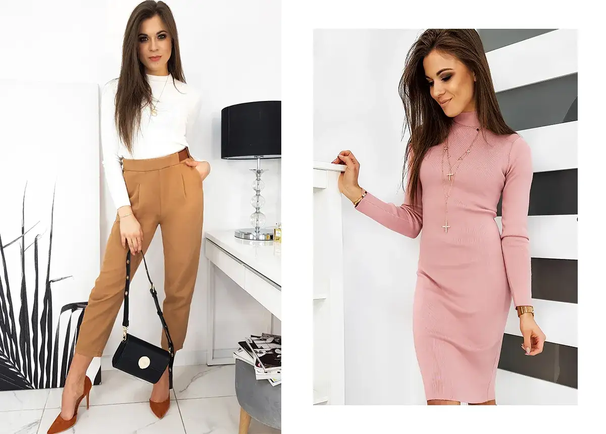 Dwie kobiety w eleganckich stylizacjach. Jedna w brązowych spodniach i białej bluzce, podkreślającej szerokie biodra i wąską talię. Druga w różowej sukience.