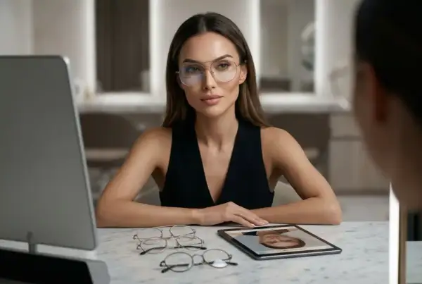 Elegancka kobieta w okularach przymierza kolejne modele, szukając idealnego dopasowania okularów do twarzy. Na stole leżą różne oprawki.