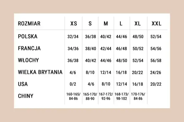Tabela rozmiarów od XS do XXL, pokazująca polskie, francuskie, włoskie, brytyjskie, USA i chińskie odpowiedniki. Rozmiar uniwersalny to pojęcie, które może oznaczać różne rzeczy w zależności od kontekstu.