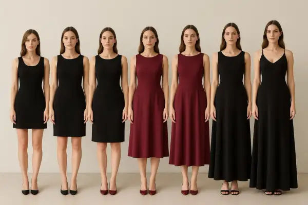 Sześć kobiet prezentuje sukienki o różnej długości do wzrostu: mini, midi i maxi.