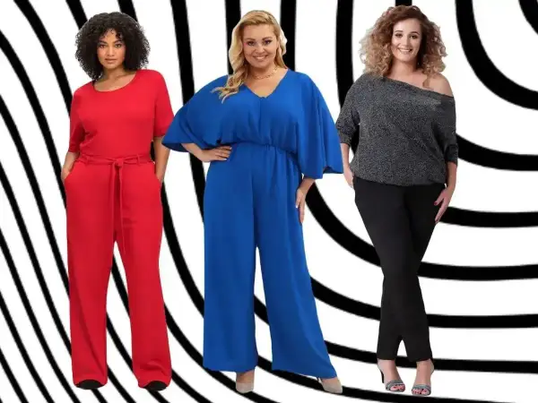 Trzy uśmiechnięte kobiety plus size w eleganckich stylizacjach: czerwony, niebieski i srebrny kombinezon/strój.