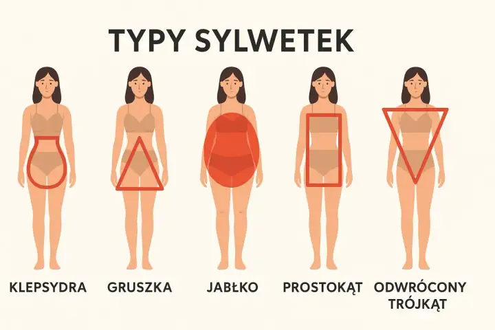 Ilustracja pokazuje 5 typów sylwetek: klepsydra, gruszka, jabłko, prostokąt, odwrócony trójkąt. Pomaga to zrozumieć, jak dobrać ubrania do sylwetki.